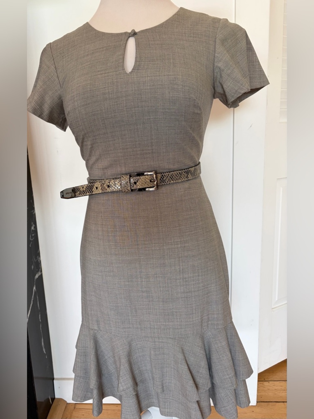 Banana Republic Gray Short-Sleeve Ruffle-Hem Mini Dress